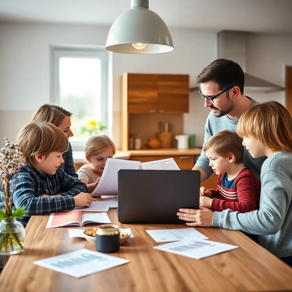 Familie die samen financiële planning doet aan keukentafel