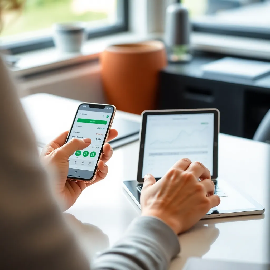 Persoon die financiële apps gebruikt op smartphone en tablet