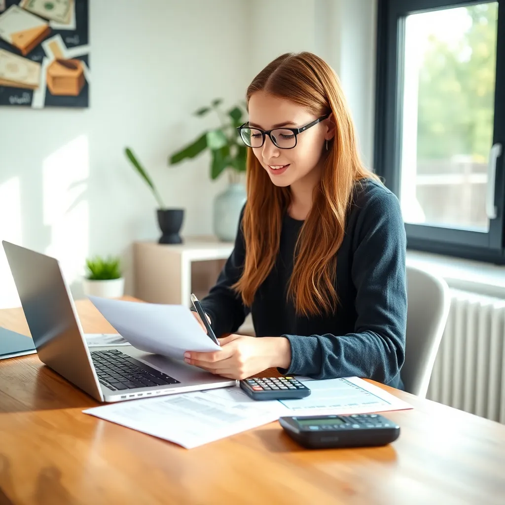 Persoon die belastingaangifte doet op laptop met documenten georganiseerd op bureau